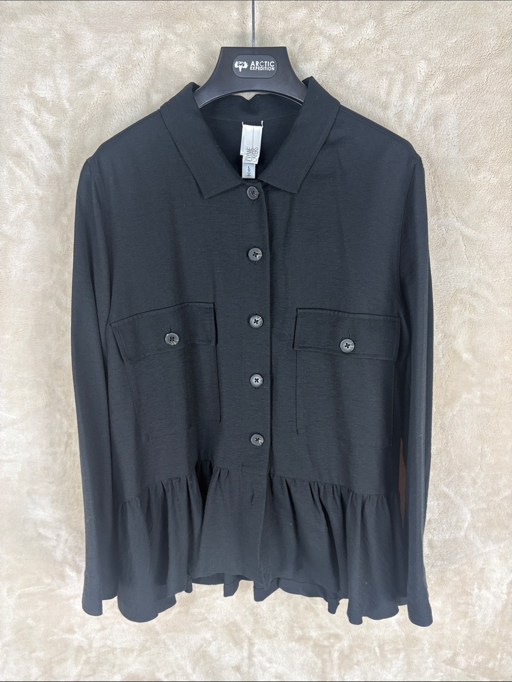 Wynne Layers Women’s Black Button-Front Peplum Shirt with Chest Pockets